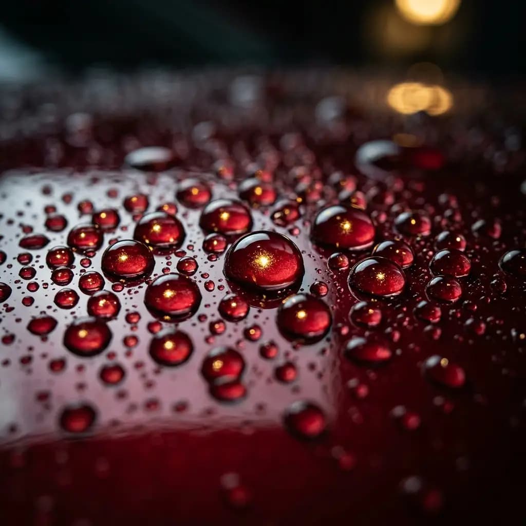 Water beads on freshly coated red paint
