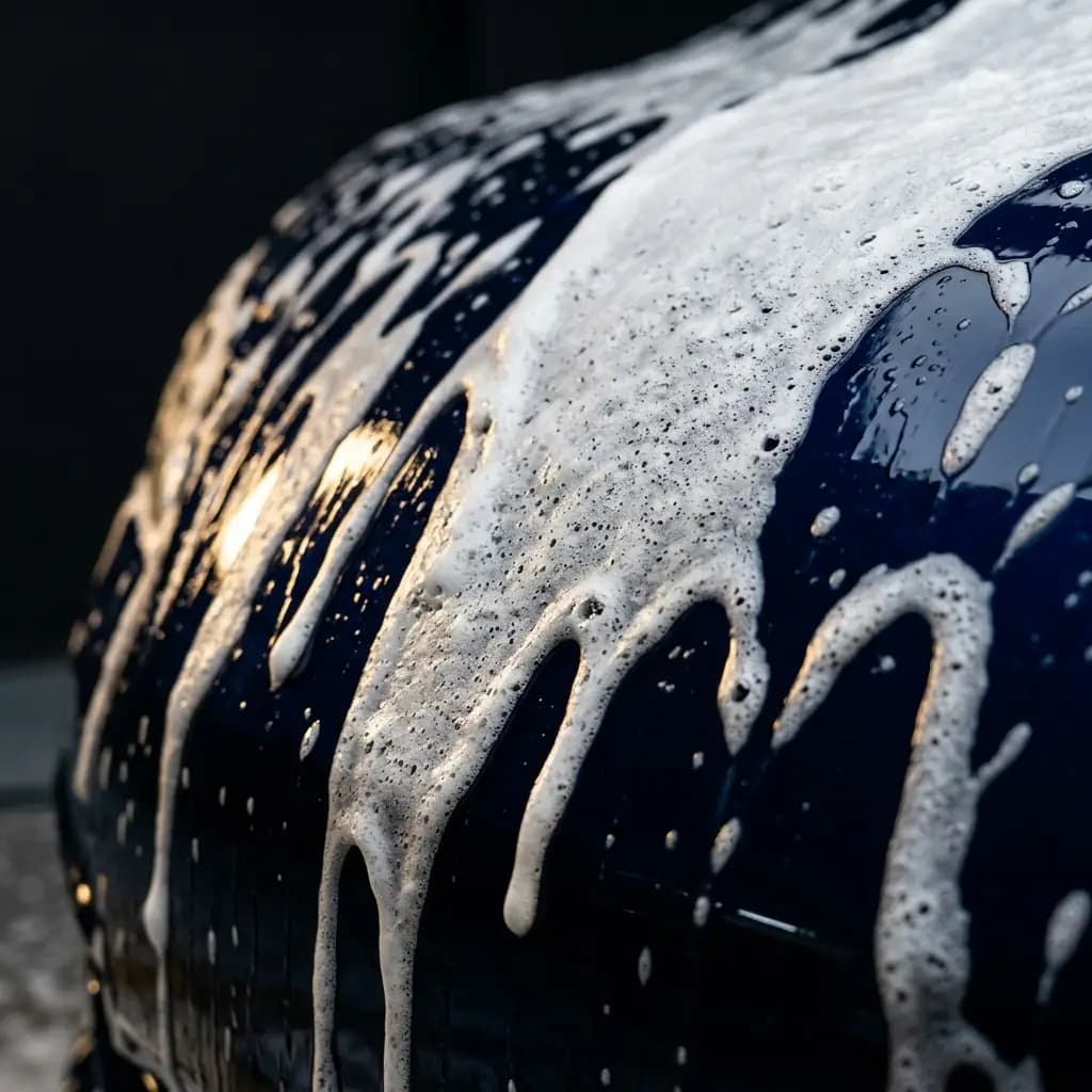 Snow foam on glossy blue paint