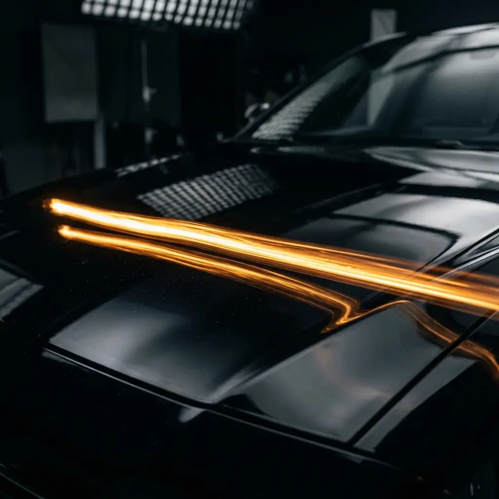 Gold light streak on polished black paint