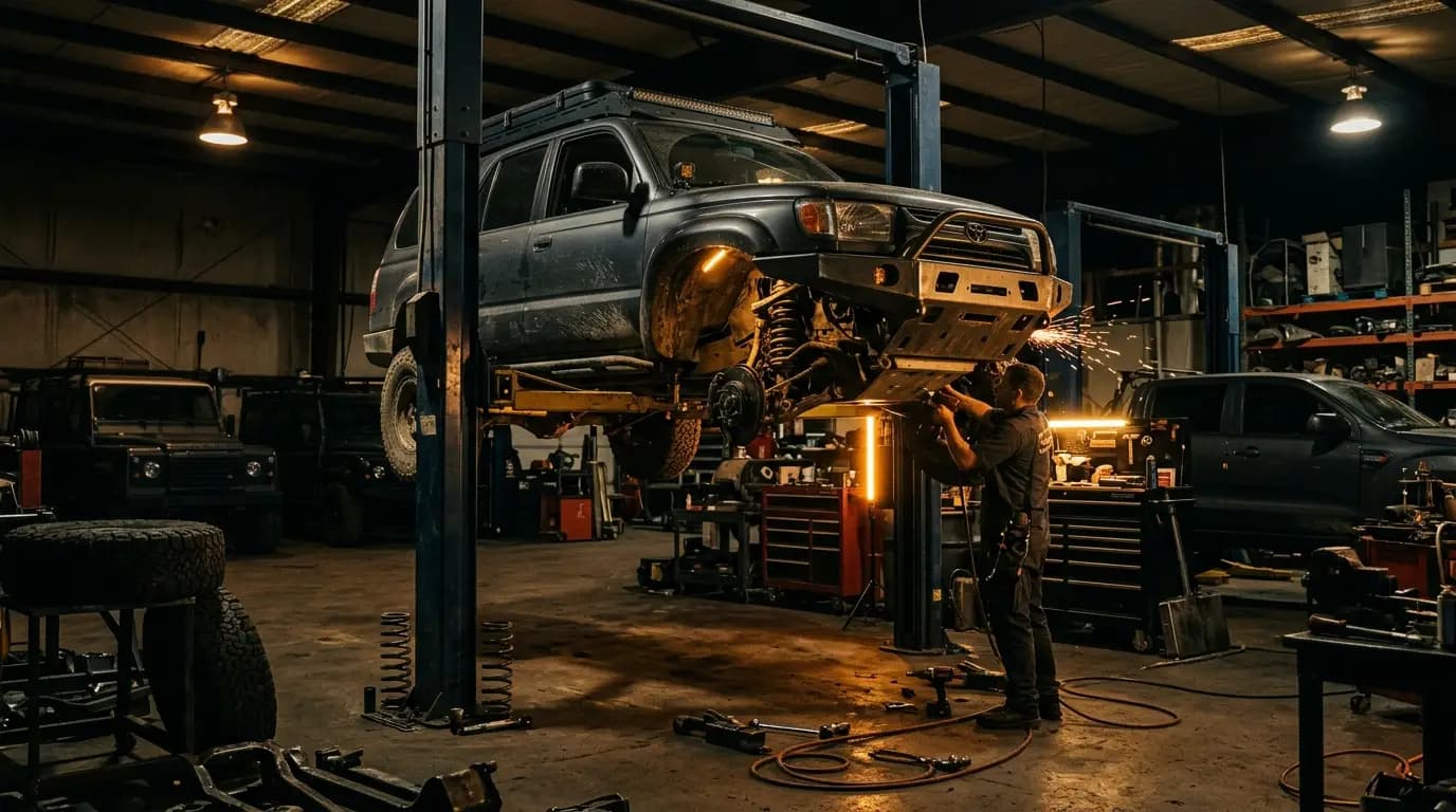 SUV on the lift in the Broads workshop