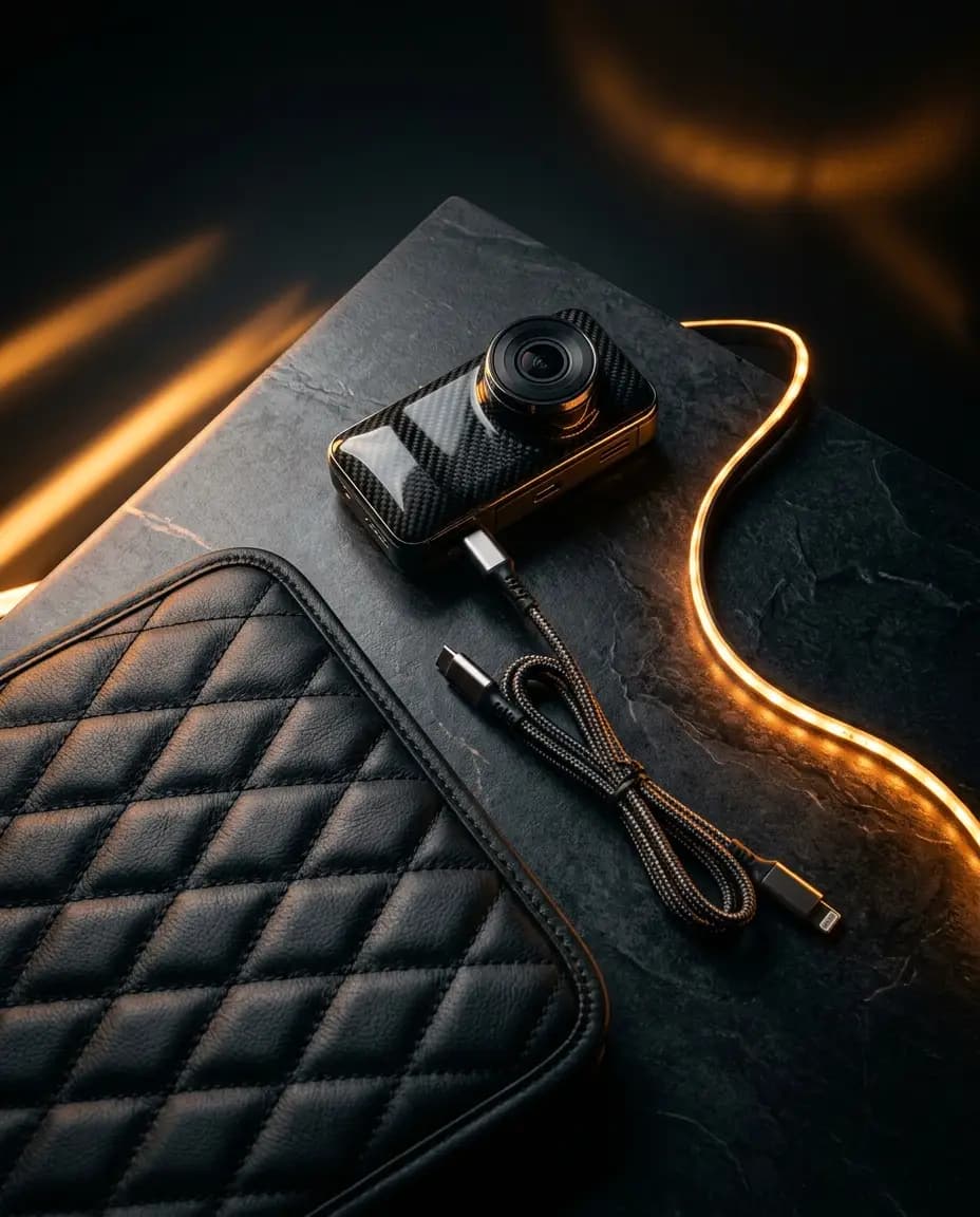 Premium car accessories laid out on a dark surface